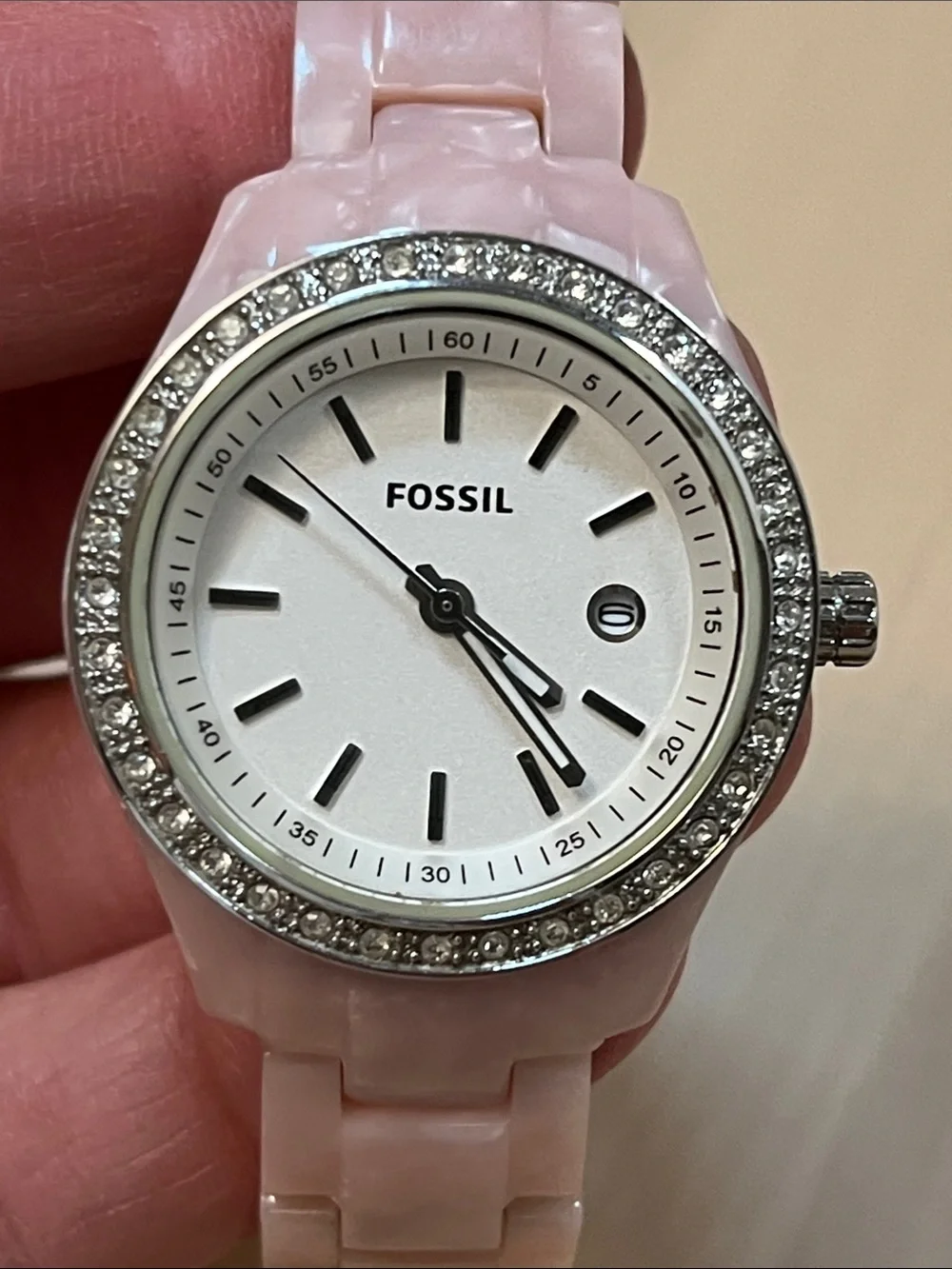 Fossil ES2688 Pave Bezel White Face Analog Watch & Pink Pearly Plastic Band